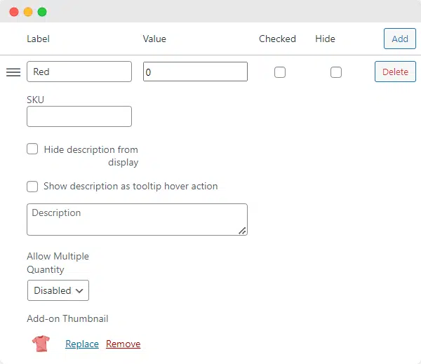 Configure the options for a specific add-on choice using Product Manager Add-ons