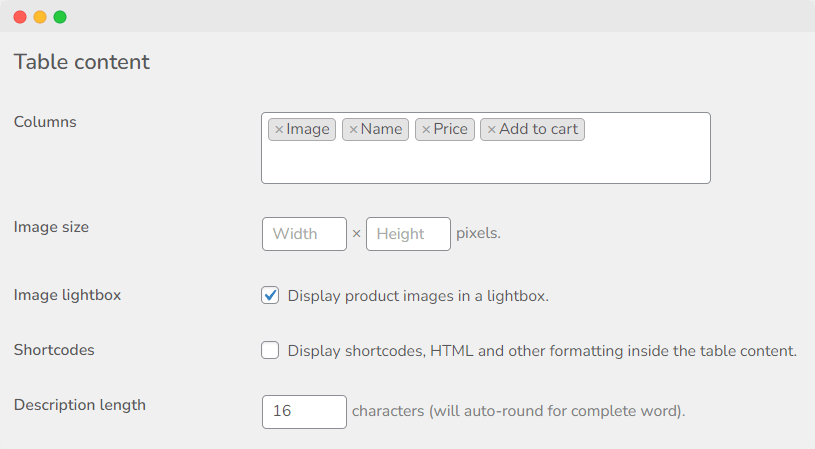 Configure the table content.