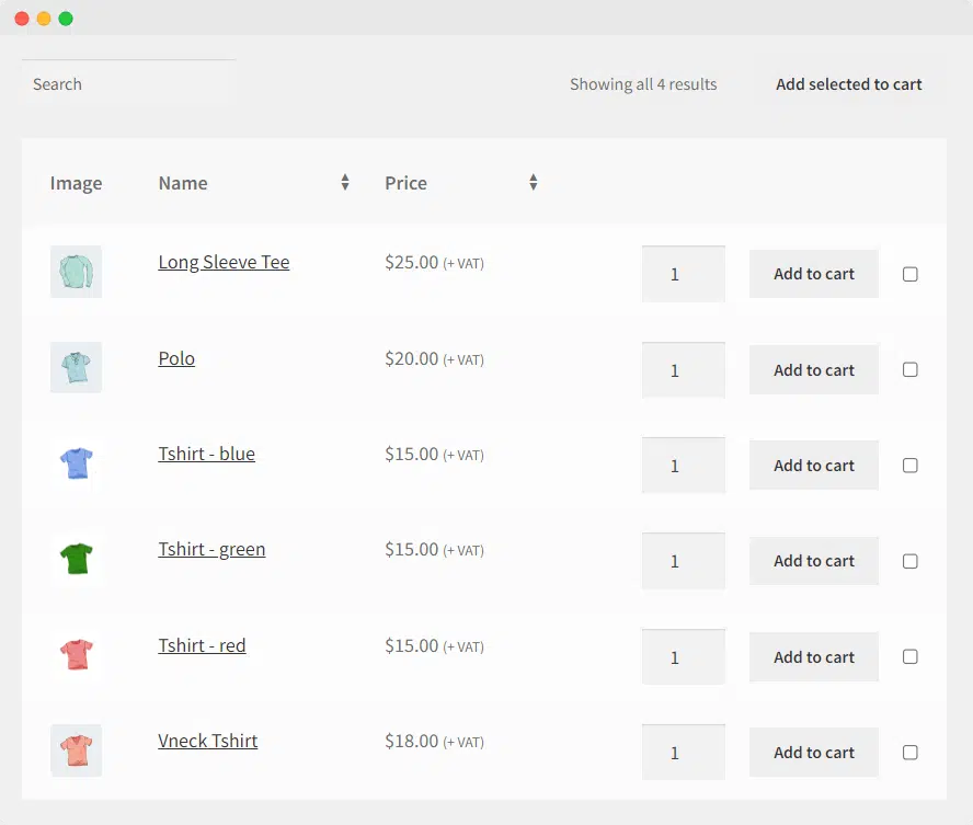 A product table created with Product Tables for WooCommerce displaying product variations in separate rows.