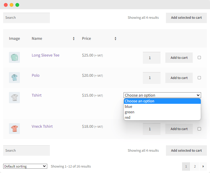 A table displaying product variations created using Product Tables for WooCommerce.