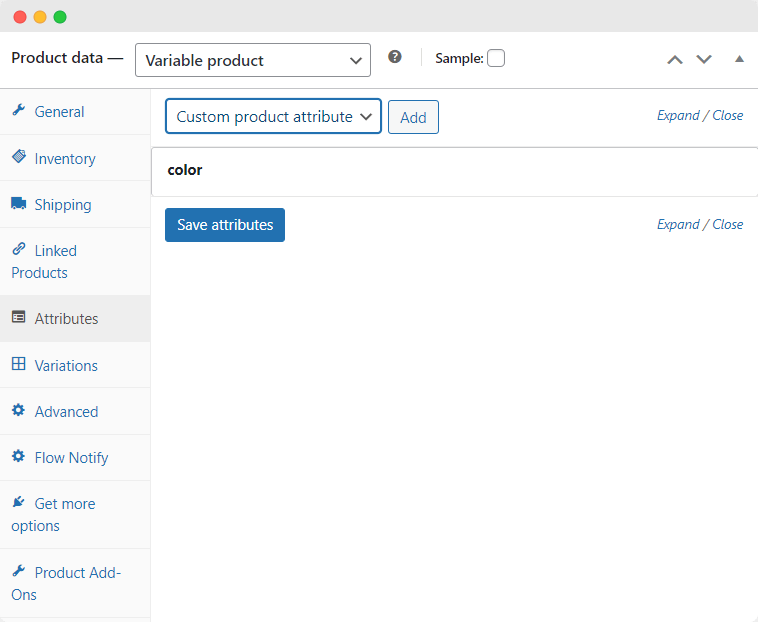 Add attributes to a product in WooCommerce.