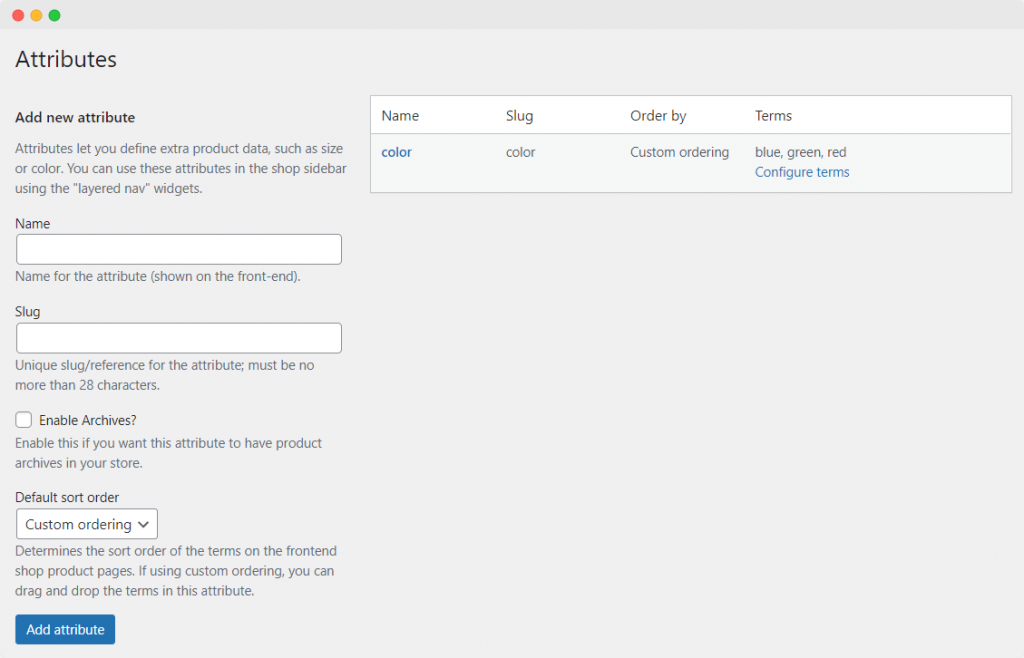 The WooCommerce attributes dashboard.