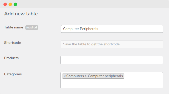 Create a new product table to display computer peripherals with Product Tables for WooCommerce